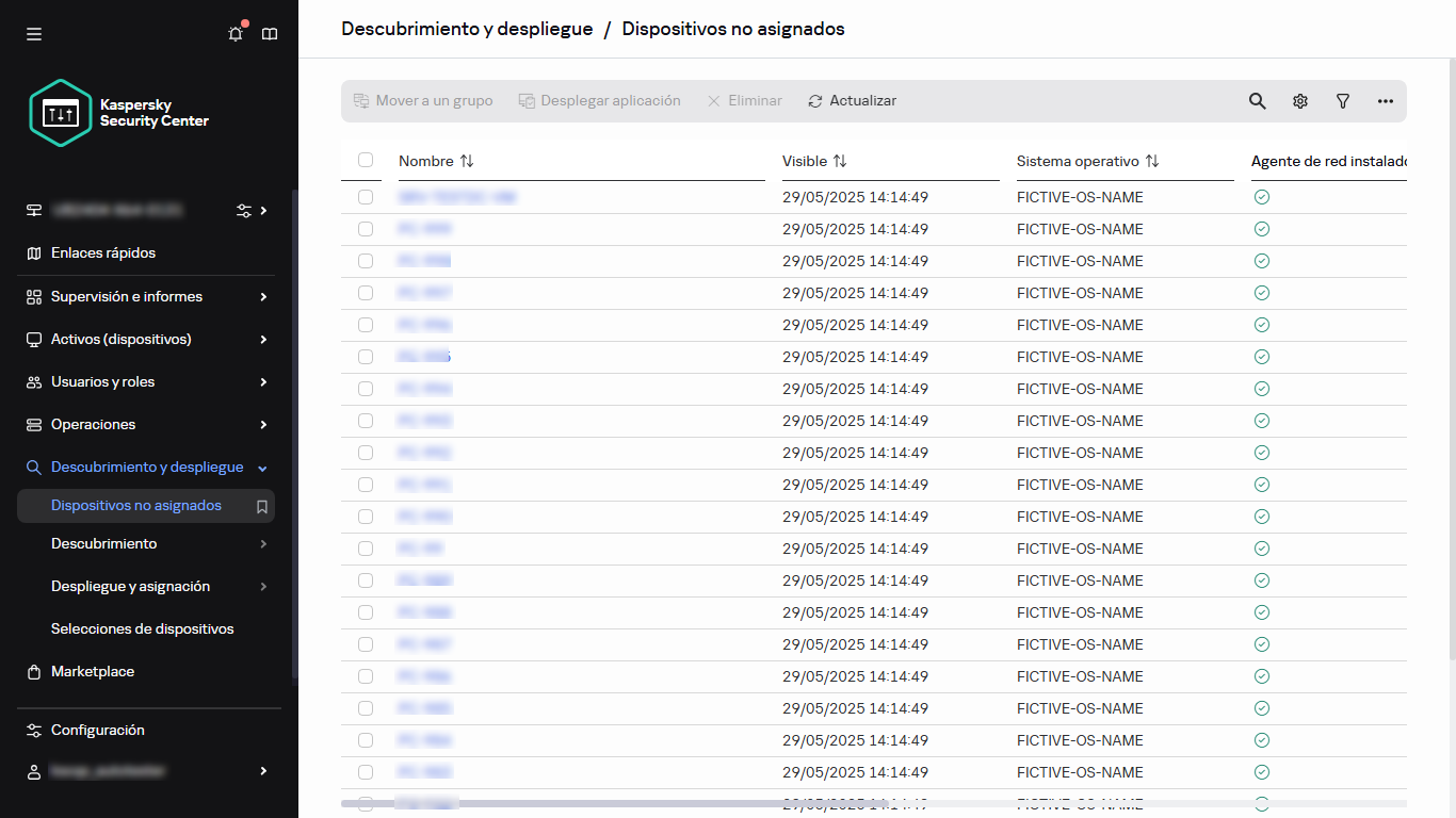 La sección Dispositivos no asignados en Detección y despliegue.