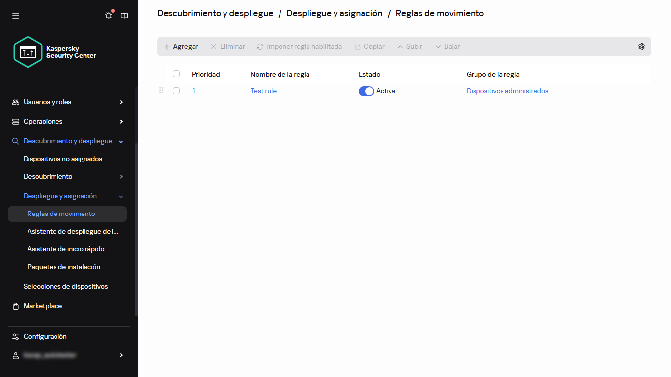 Sección de reglas de movimiento de Kaspersky Security Center.