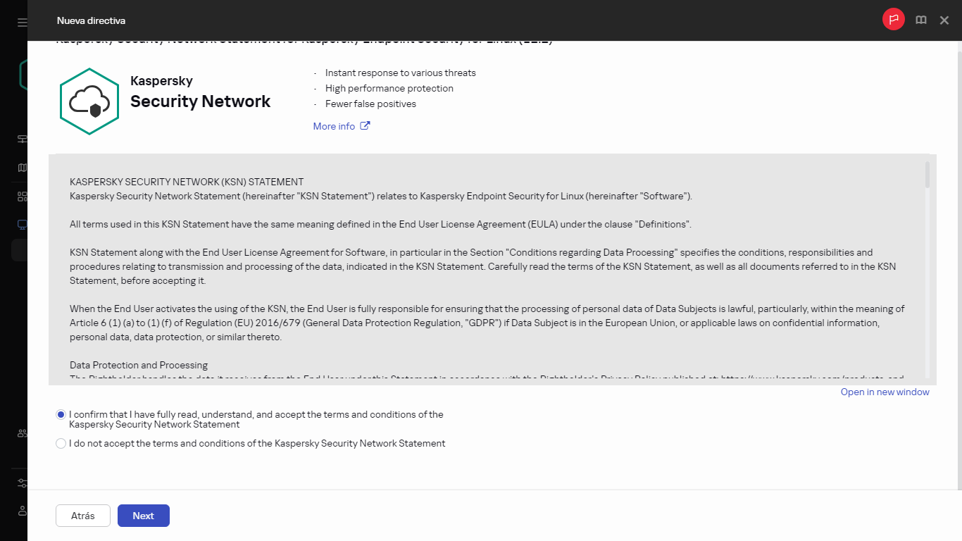 Crear una nueva directiva. La ventana de aceptación de la Declaración de KSN.