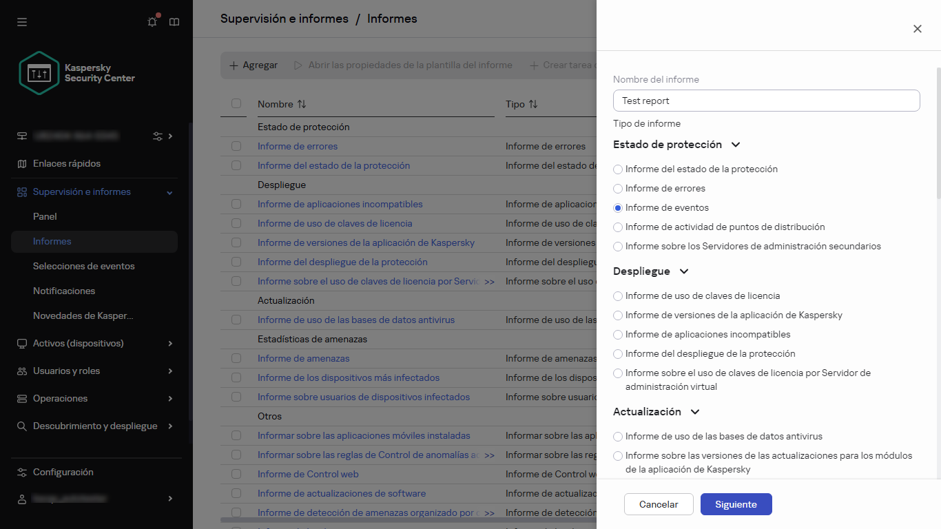 Especificar el nombre y el tipo de un nuevo informe.