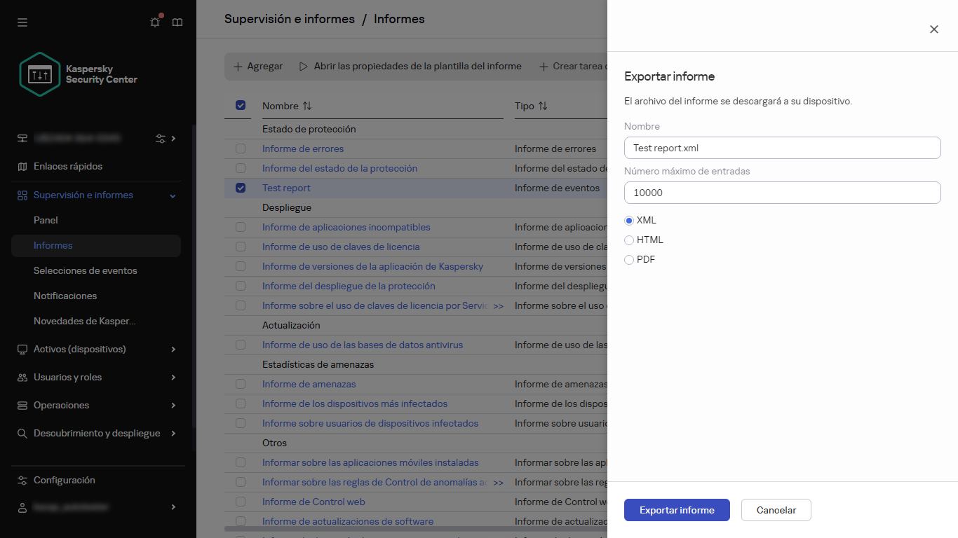 Especificar la configuración de la exportación del informe.