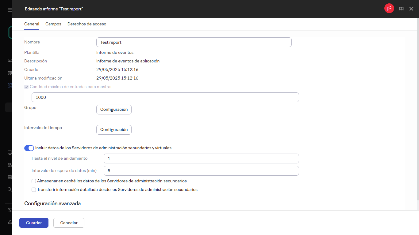 La pestaña General de la ventana de edición del informe.