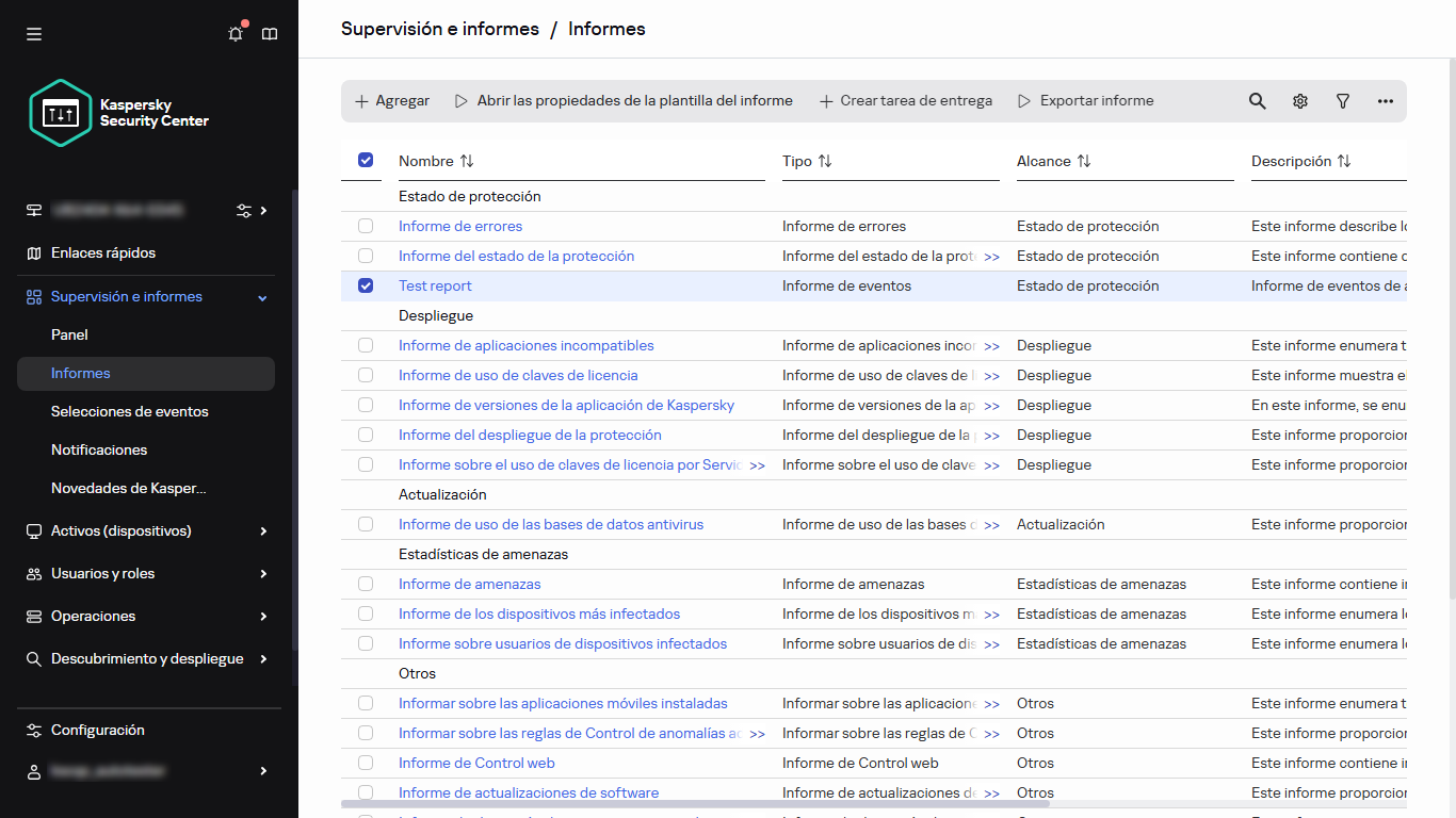 La lista de informes con el informe seleccionado.