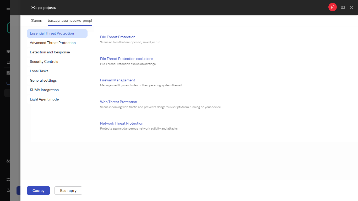 "Қолданба параметрлері" қойындысында жаңа саясат профилінің параметрлерін көрсету.