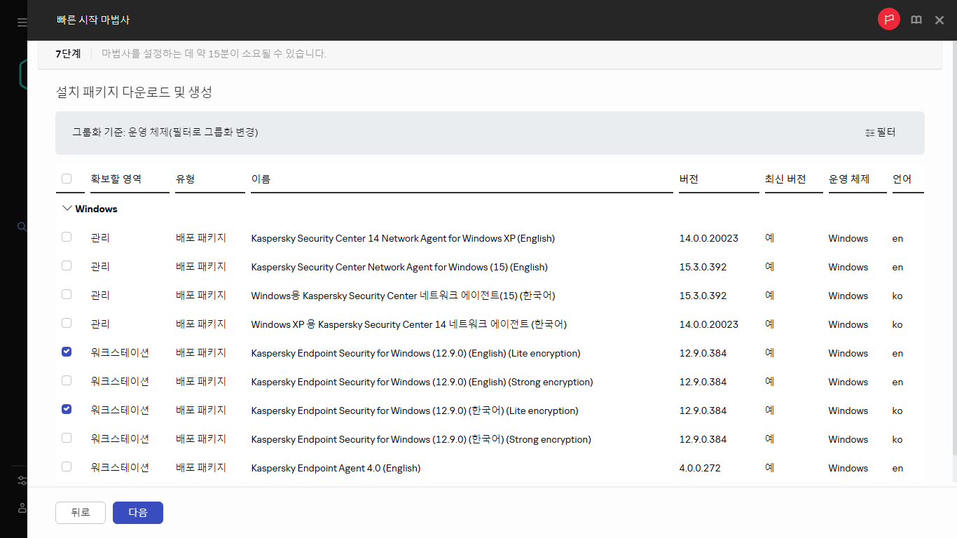 빠른 시작 마법사의 설치 패키지 생성 단계입니다.