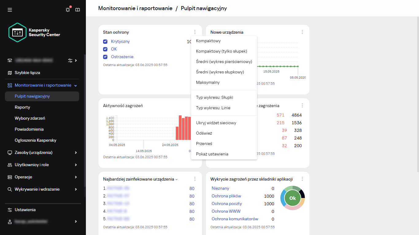 Menu kontekstowe widżetu.