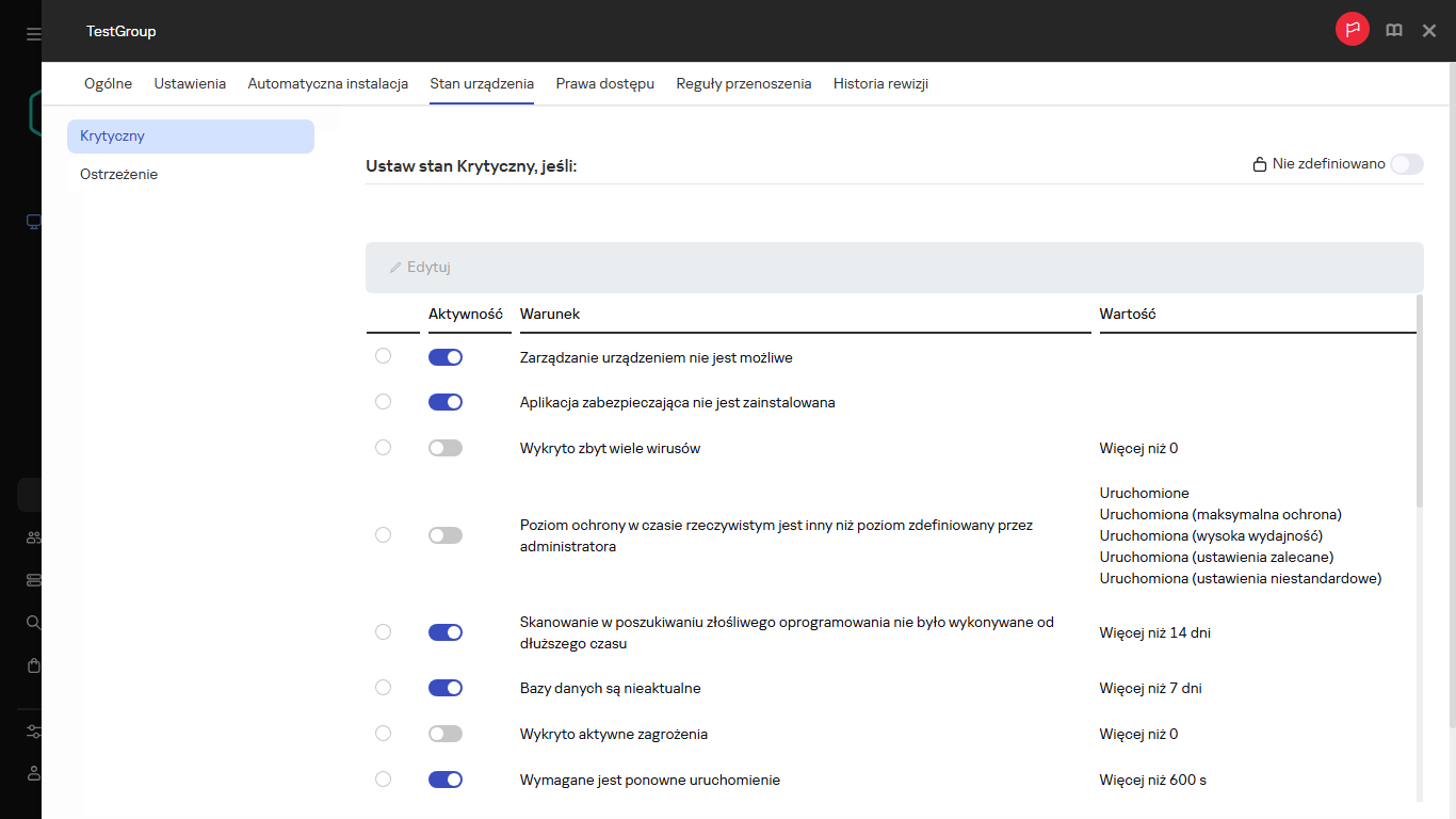 Ustawianie stanu Krytycznego w grupie stan urządzenia.