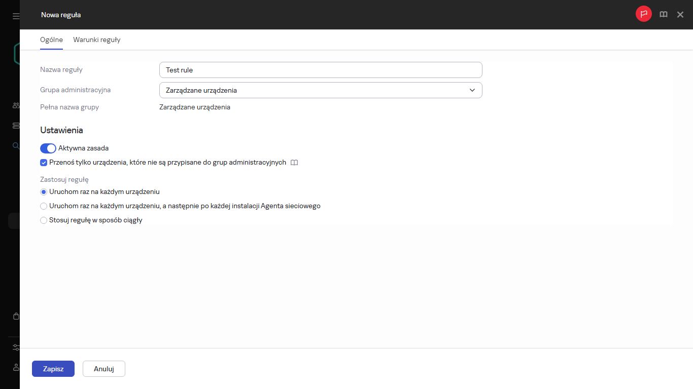 Okno tworzenia nowej reguły.