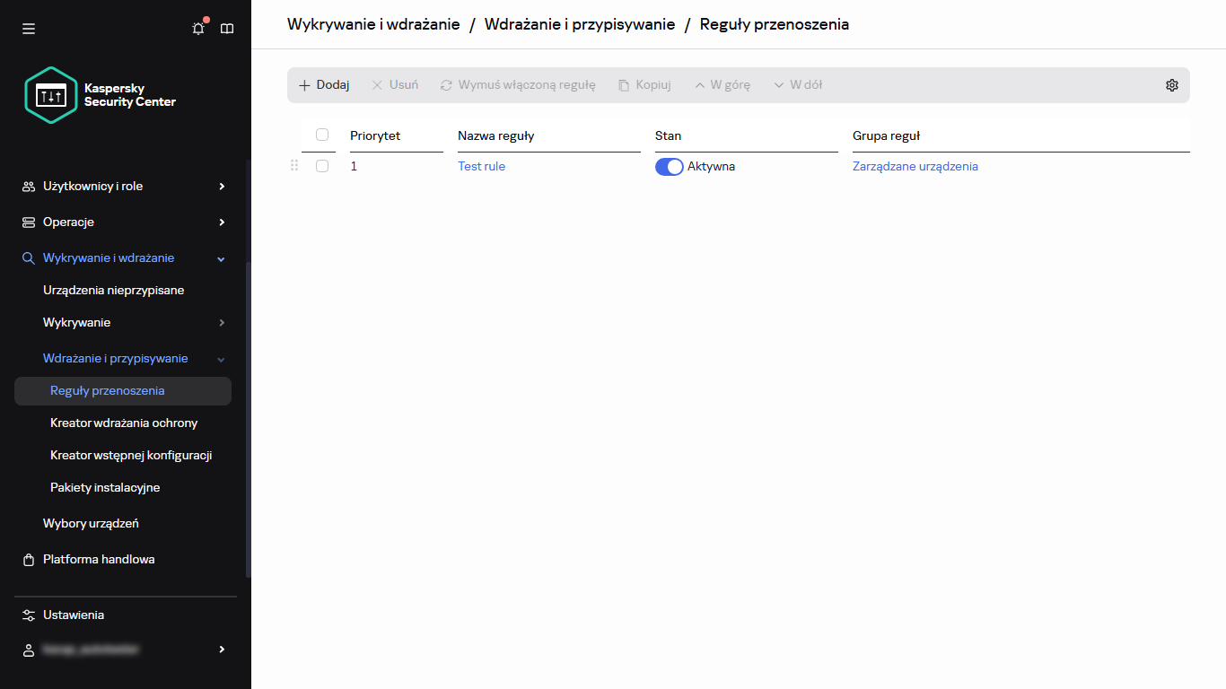 Sekcja dotycząca reguł przenoszenia w Kaspersky Security Center.