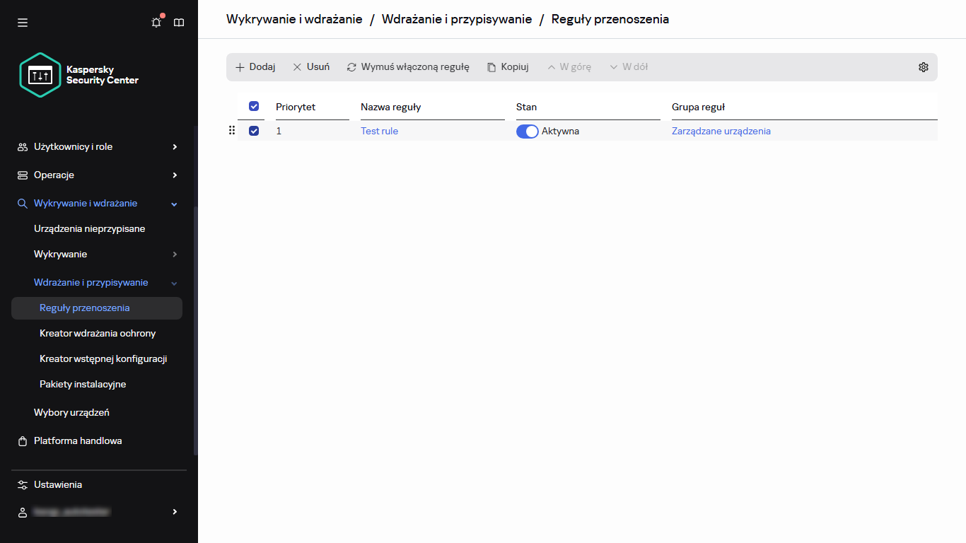 Wybrany wiersz w sekcji Reguły przenoszenia.