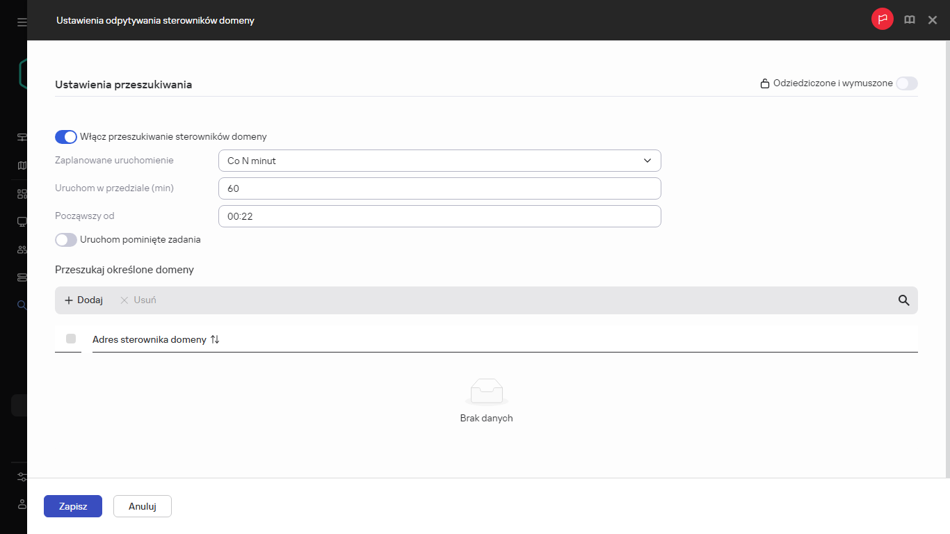Ustawienia przeszukiwania kontrolera domeny.