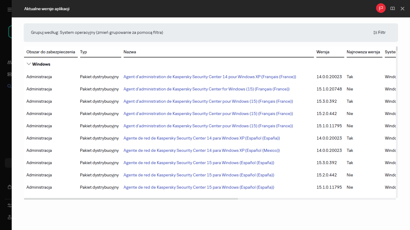 Lista dostępnych pakietów dystrybucyjnych.