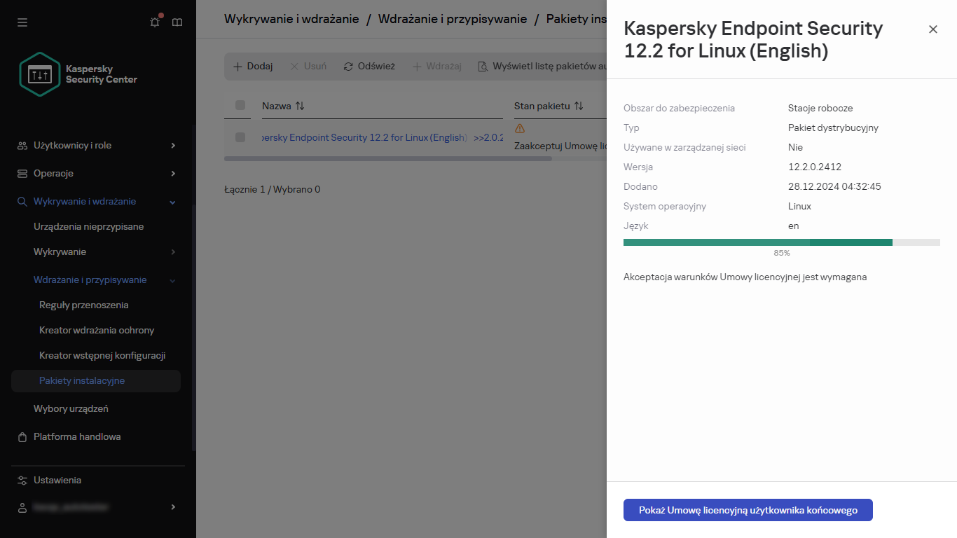 Okno pobierania pakietu instalacyjnego wyświetlane na etapie akceptowania Umowy licencyjnej użytkownika końcowego.