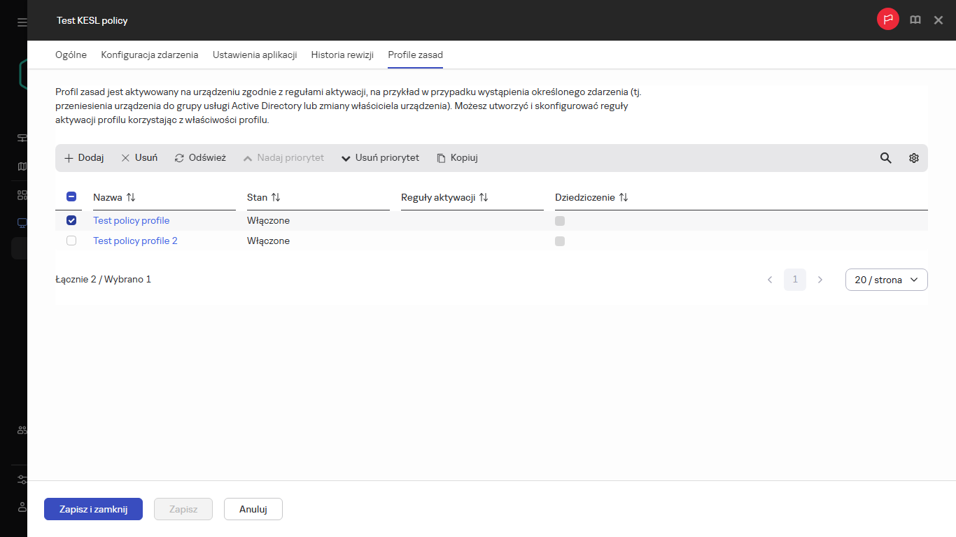 Lista profili zasad z wybraną zasadą.