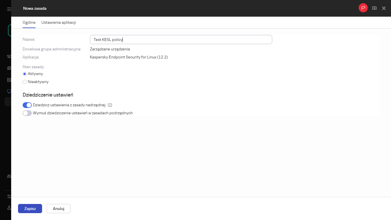 Karta Ogólne okna tworzenia nowej zasady.