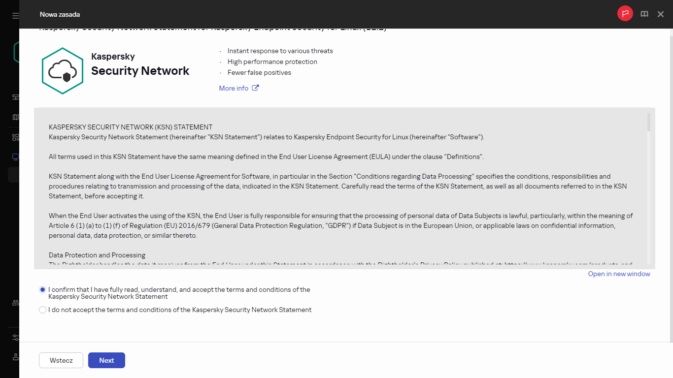 Tworzenie nowej zasady. Okno akceptacji Oświadczenia KSN.