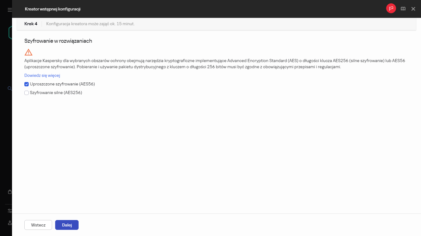 Krok Szyfrowanie w rozwiązaniach Kreatora wstępnej konfiguracji.