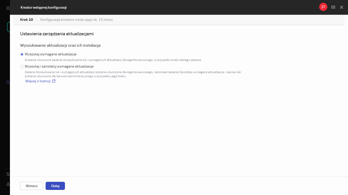 Krok Zarządzanie aktualizacjami w Kreatorze wstępnej konfiguracji.