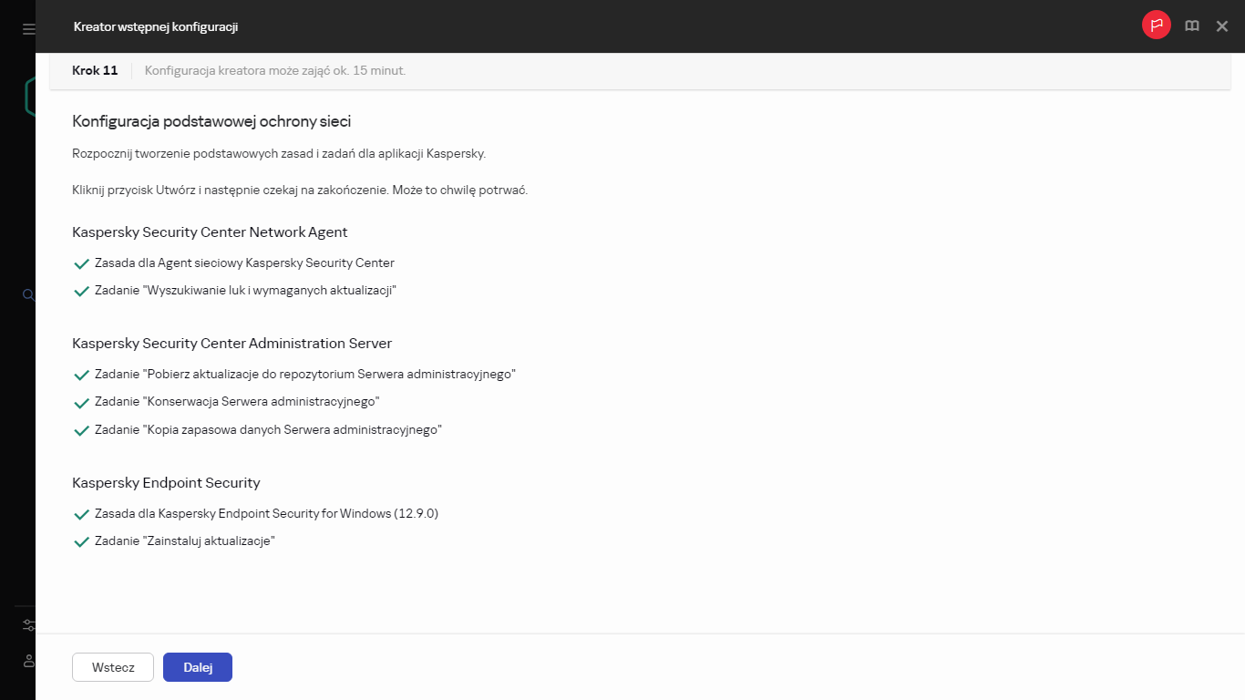 Krok Tworzenie zadań i zasad w Kreatorze wstępnej konfiguracji.