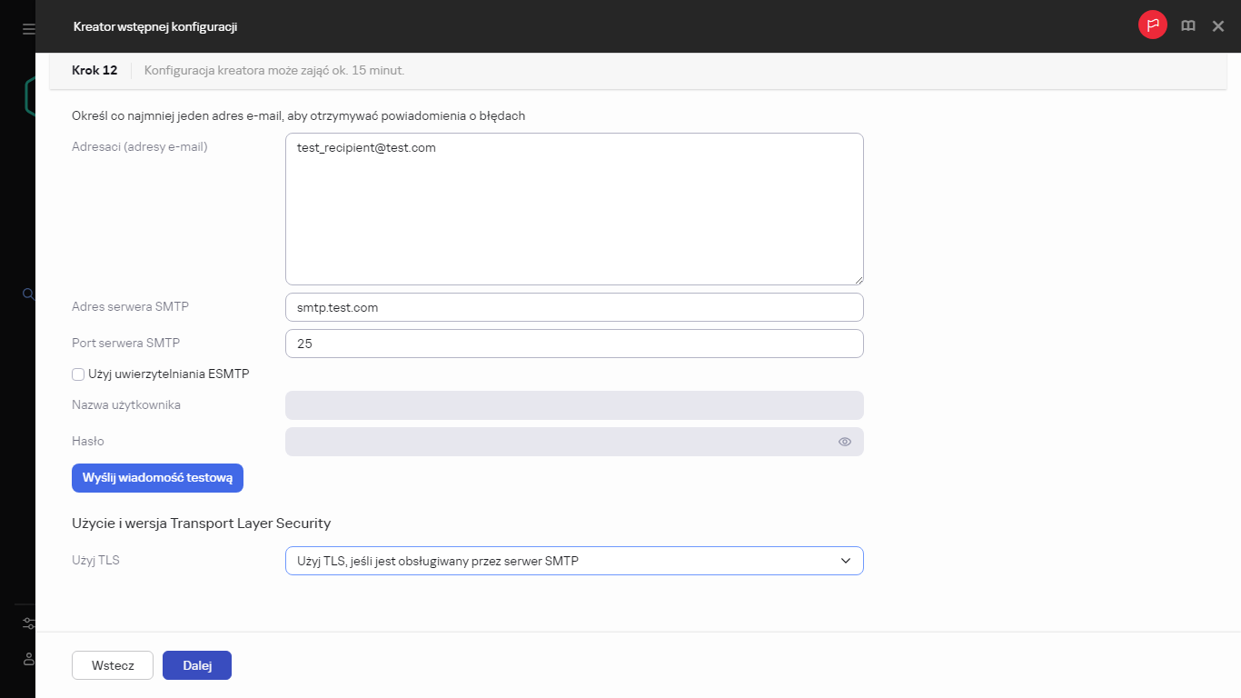 Krok powiadomień e-mail w Kreatorze wstępnej konfiguracji.