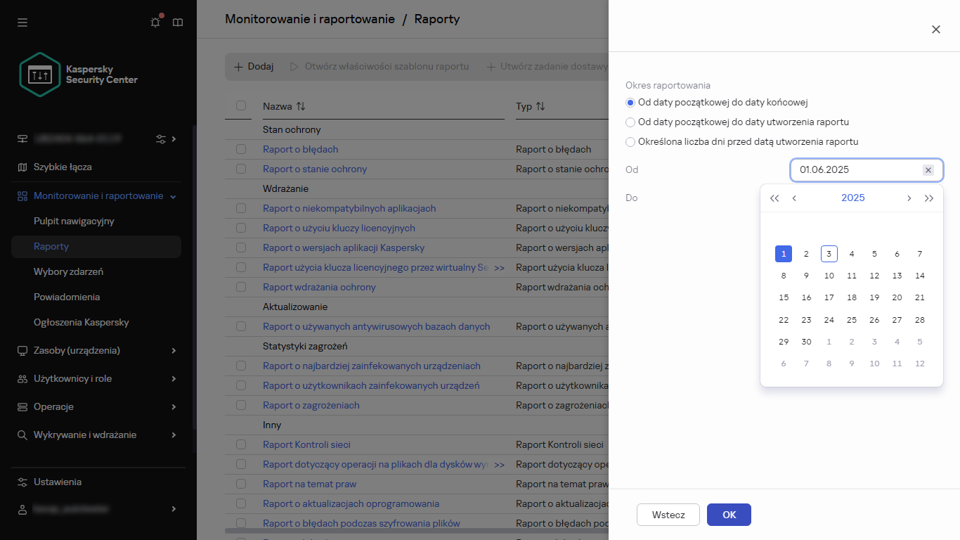 Określanie okresu raportowania dla nowego raportu.