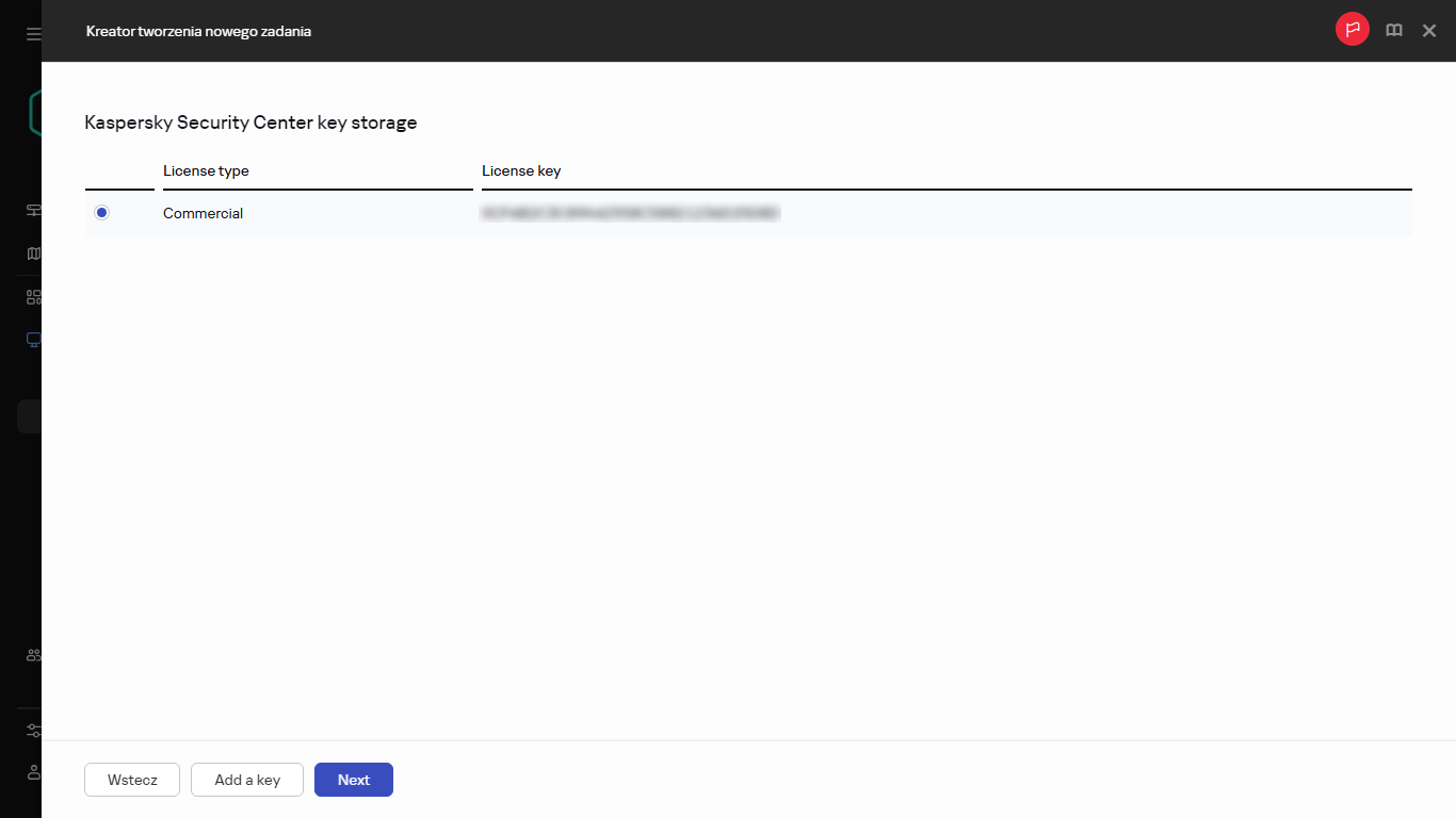 Lista licencji w oknie zadania Dodaj klucz.