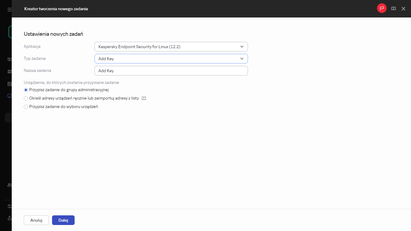 Ustawienia zadania Dodaj klucz.