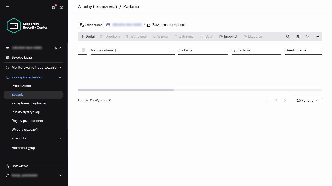 Sekcja Zadania w menu.