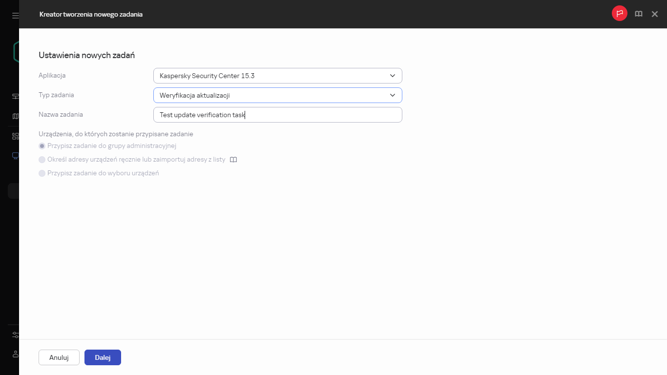 Ustawienia zadania Weryfikacji aktualizacji.