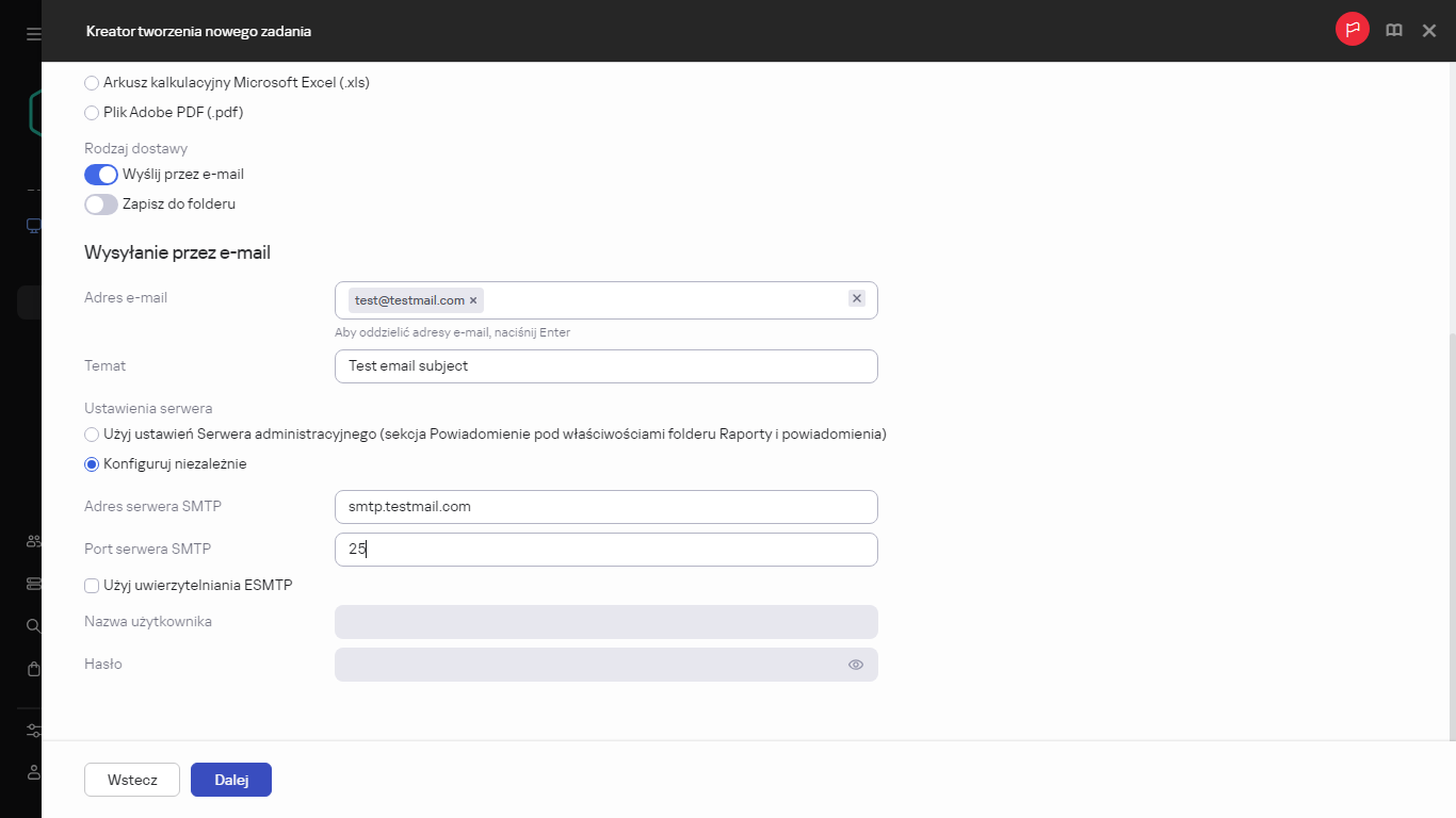 Tworzenie zadania dostarczania raportu i określanie typu dostarczania raportu.