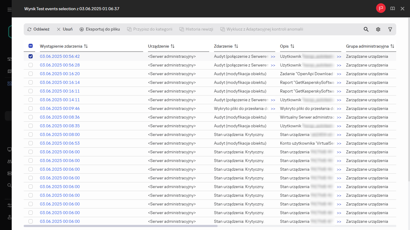 Wynik wyboru zdarzeń wraz z wybranym zdarzeniem.