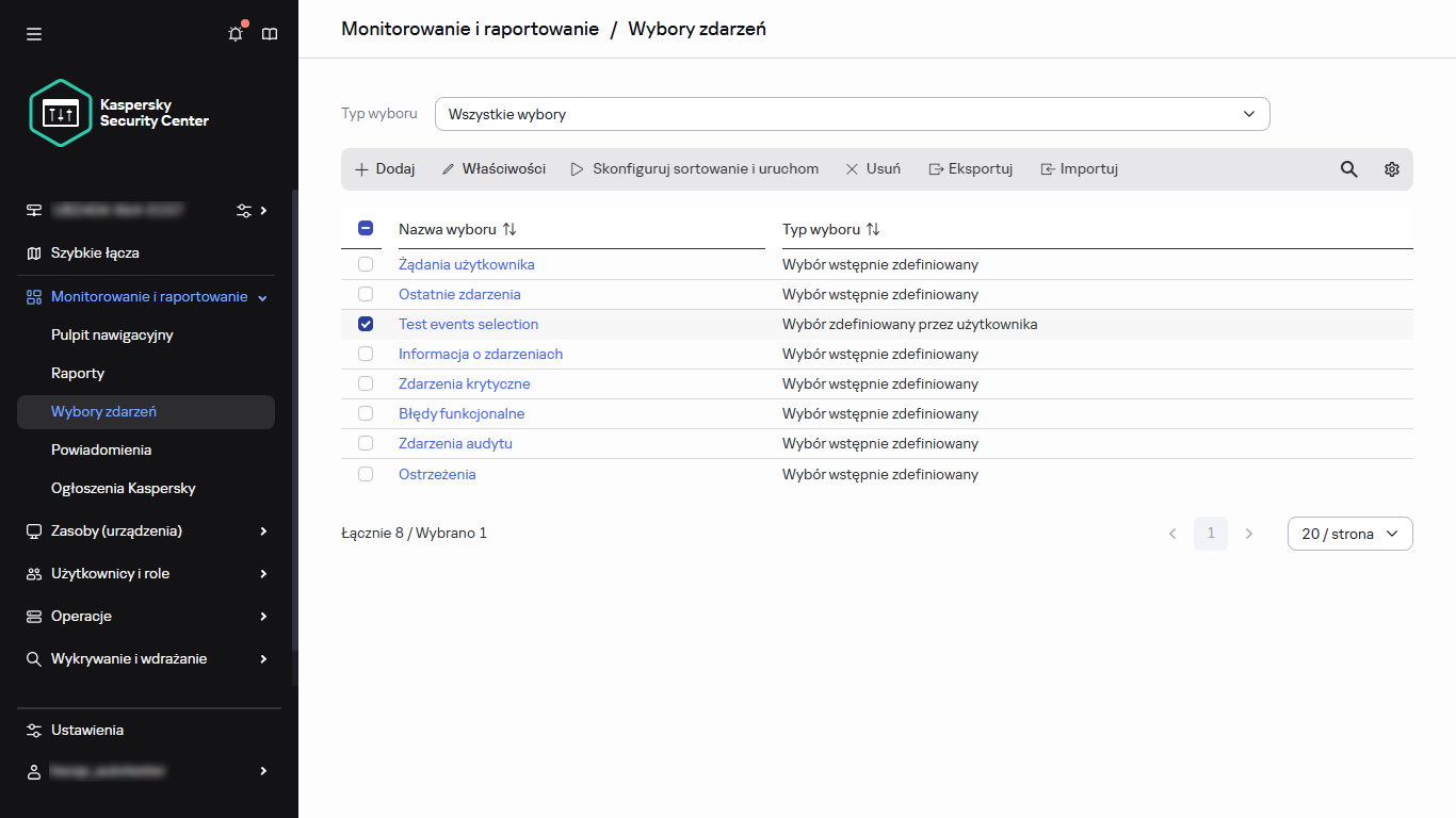 Lista wyboru zdarzeń z wybranym elementem.