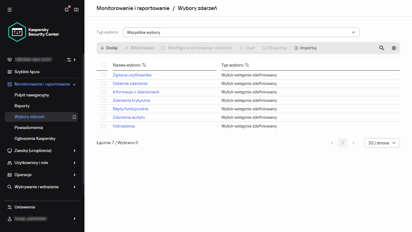 Lista wyboru zdarzeń.