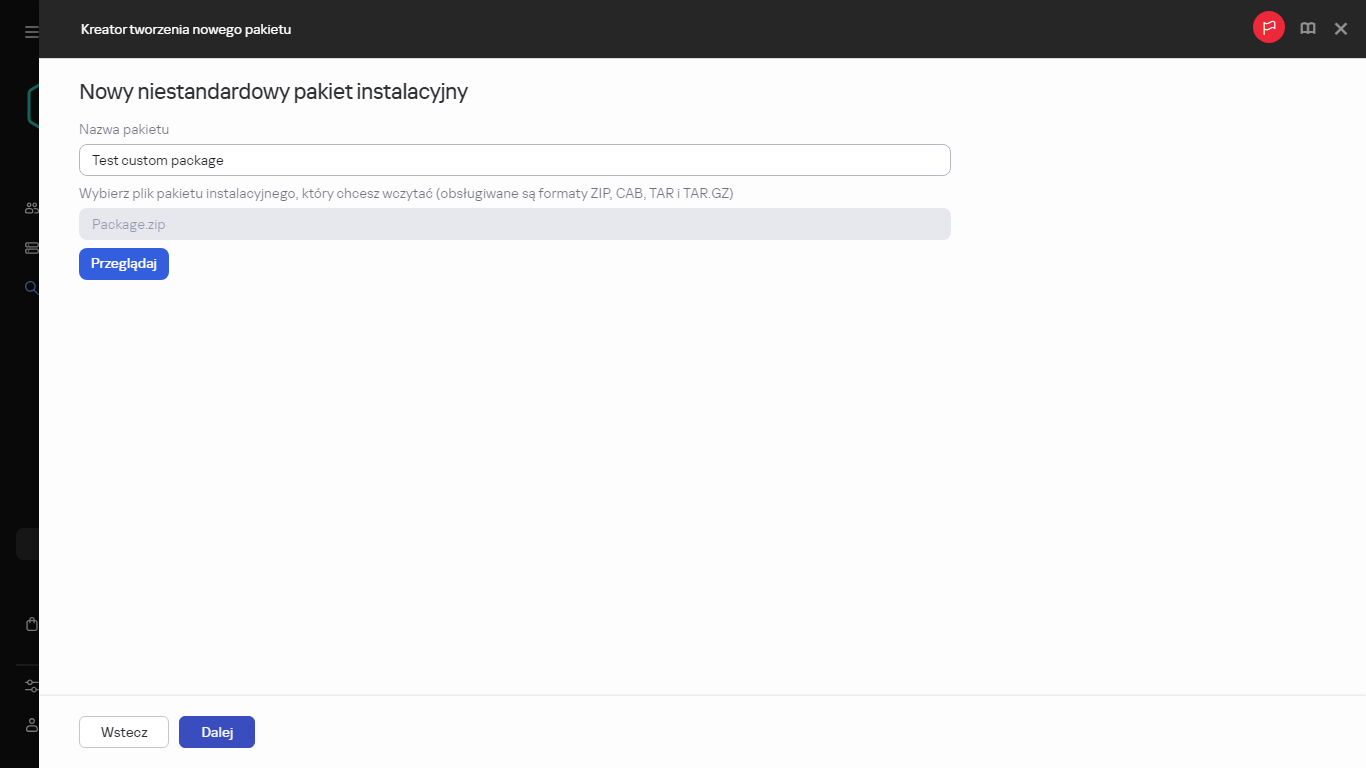 Ustawienia nowego niestandardowego pakietu instalacyjnego.