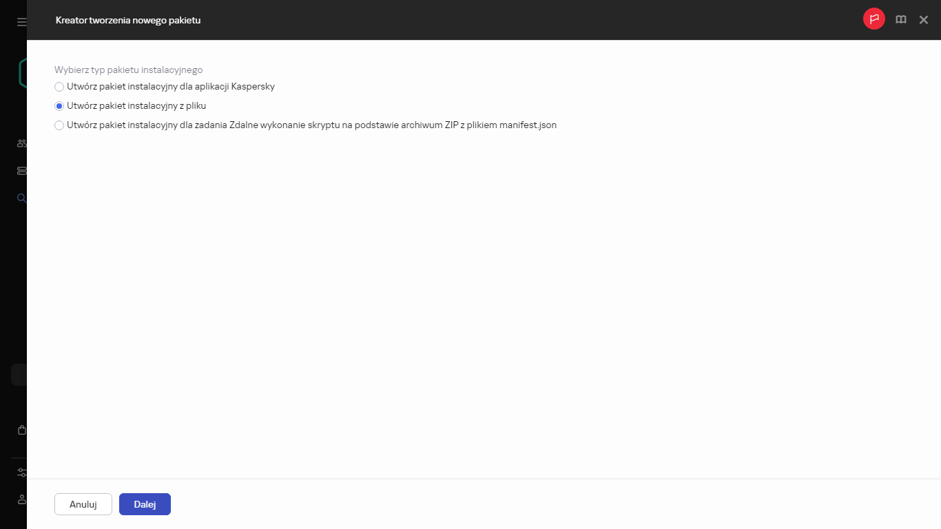 Wybieranie typu pakietu instalacyjnego dla nowego pakietu instalacyjnego.