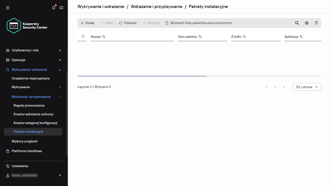 Sekcja Pakiety instalacyjne w menu głównym.