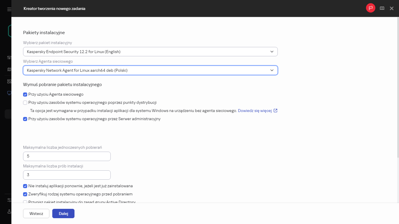 Ustawienia zadania Zdalnie zainstalować aplikację.