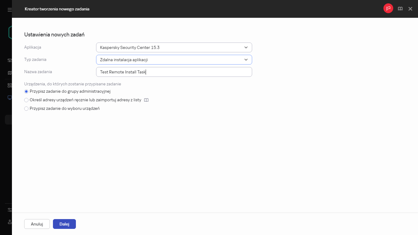 Ustawienia zadania Zdalnie zainstalować aplikację.