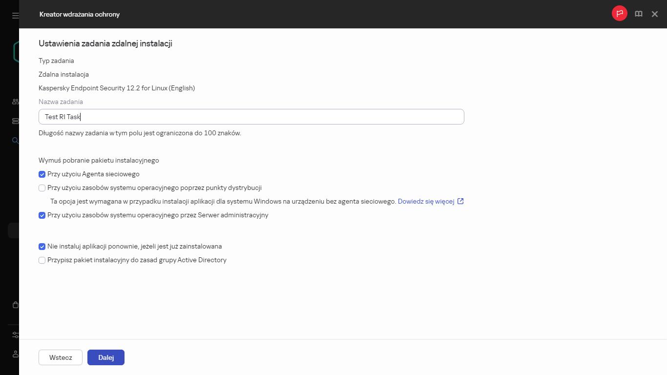 Ustawienia zadania zdalnej instalacji.