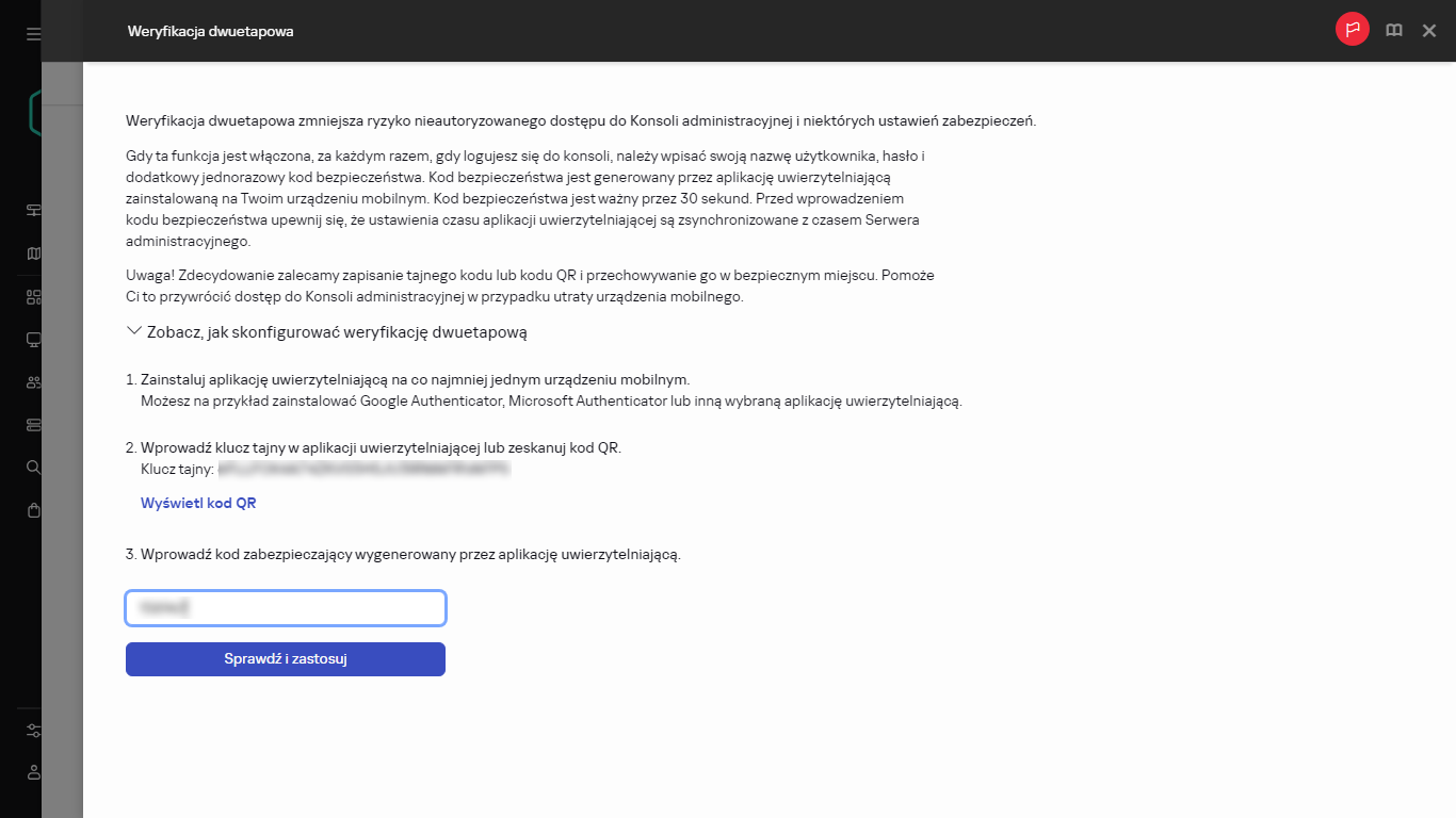 Okno weryfikacji dwuetapowej.