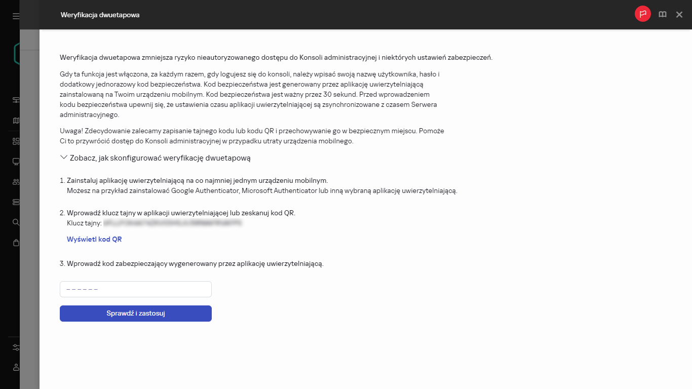 Okno weryfikacji dwuetapowej.