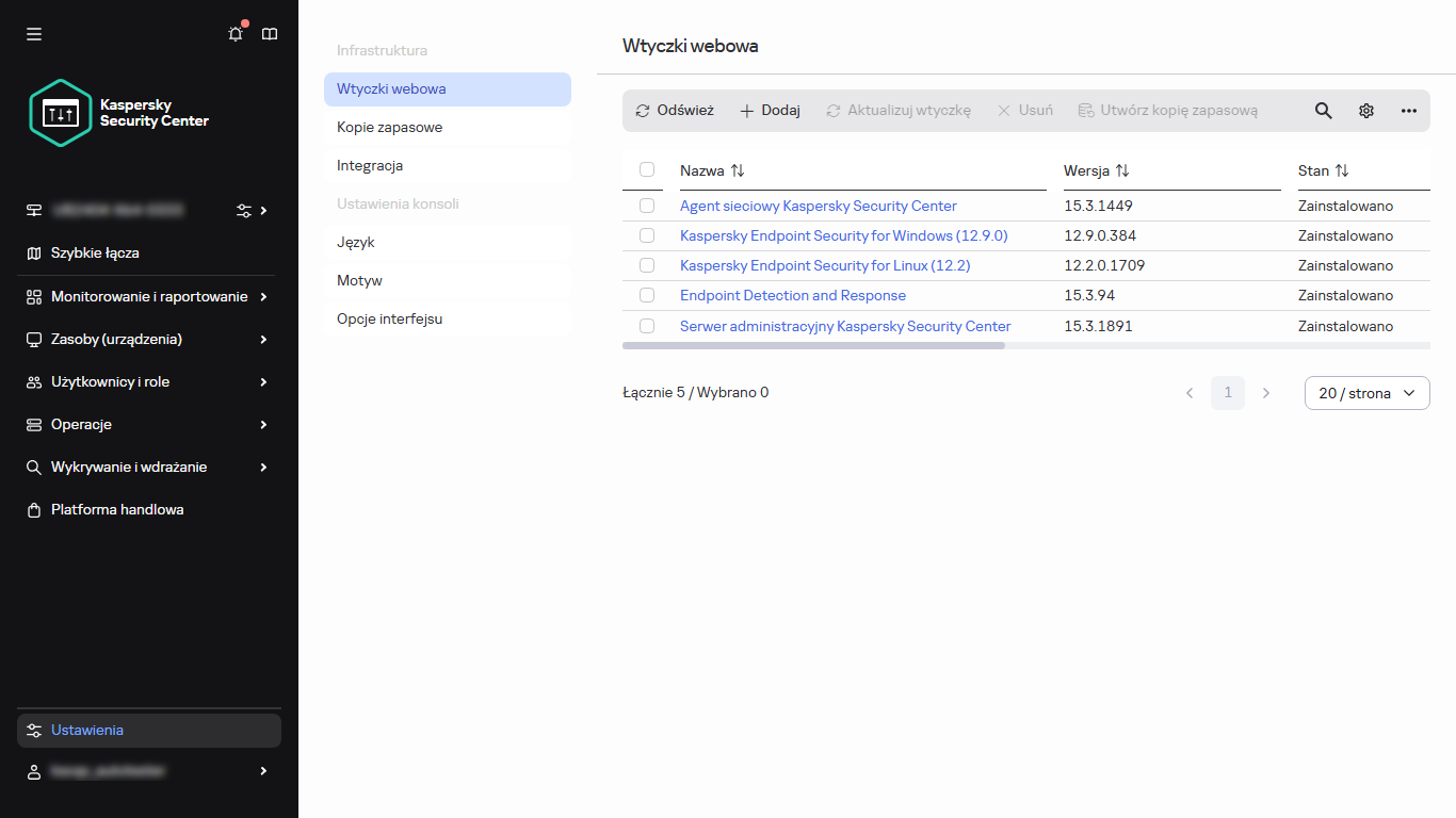 Lista zainstalowanych wtyczek webowych.