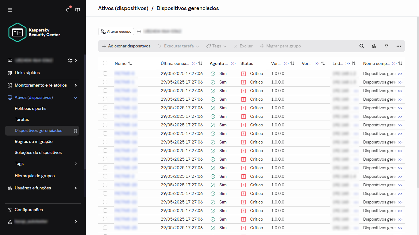 A lista de dispositivos gerenciados.