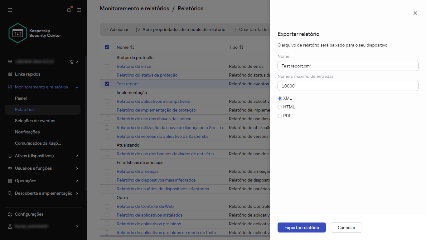 Especificação das configurações de exportação do relatório.
