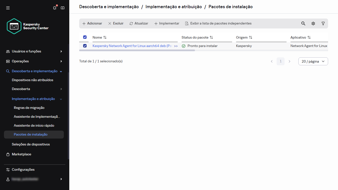 O pacote de instalação selecionado na seção Pacotes de instalação.