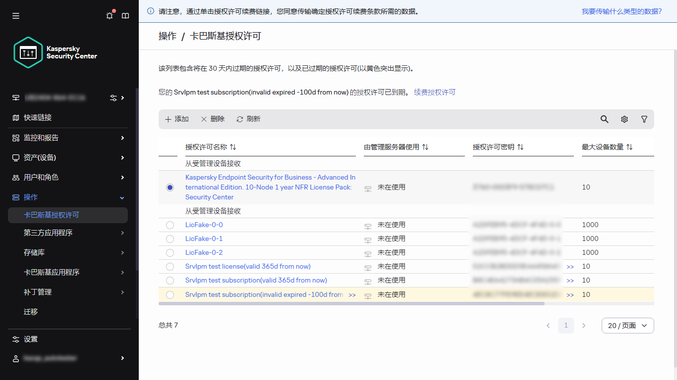 具有所选授权许可的授权许可列表。