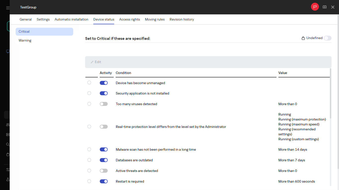 Setting the Critical status in the Device status group.