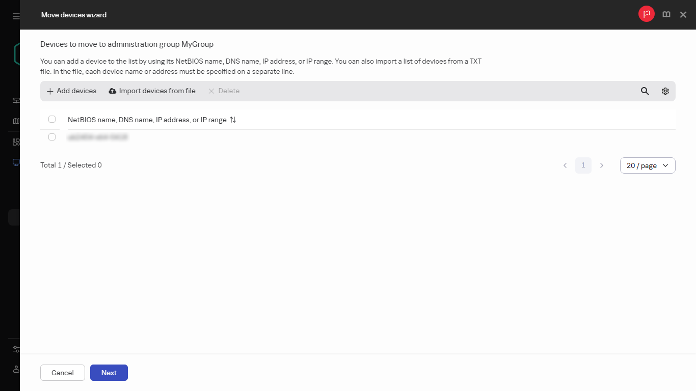 Adding devices to move to an administration group.