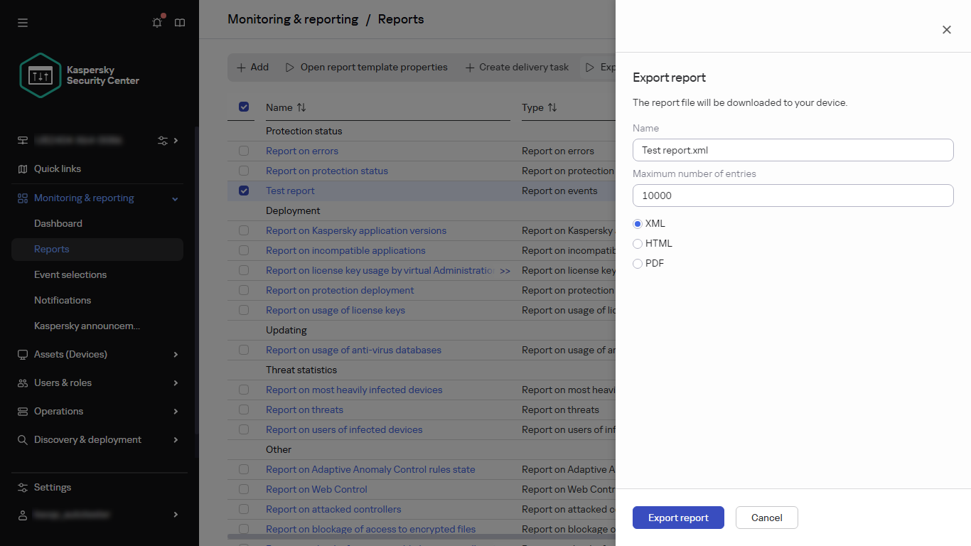 Specifying the settings of the report export.