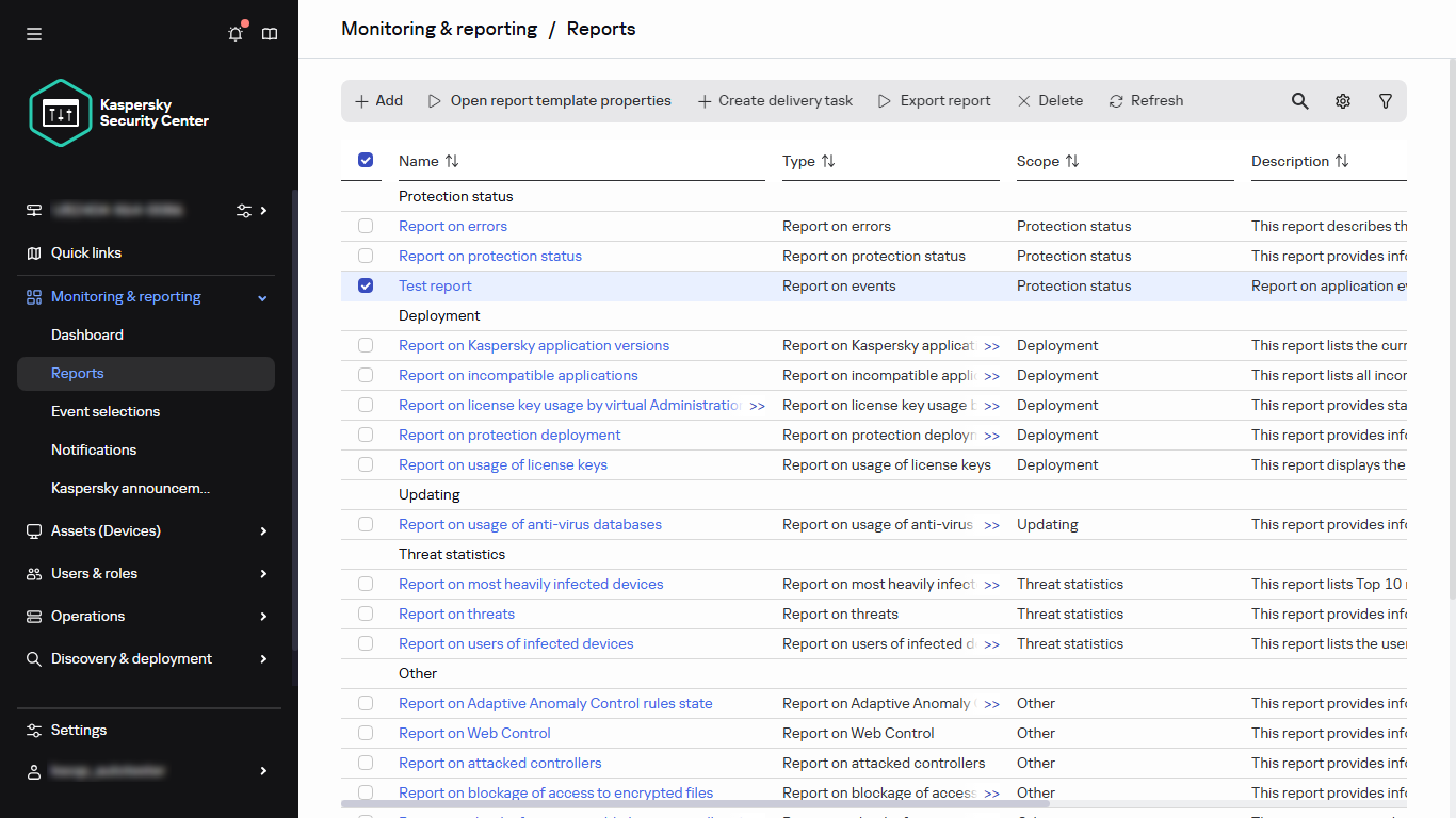 The list of reports with the selected report.